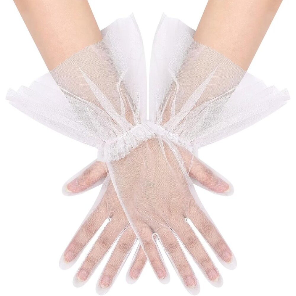 Women's Short Lvory Tulle Mesh Puffy Ruffle Gloves Wedding Party Prom Costume